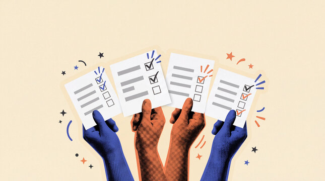 Voting ballots held by diverse hands in a textured halftone style, featuring marked survey checklists and celebration stars on a warm background for democracy and election campaigns