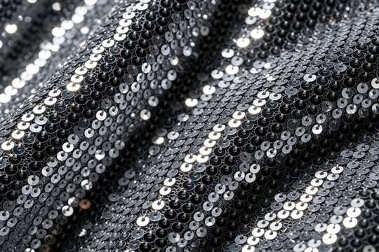 Shiny silver sequins cover wavy fabric surface. Glittering metallic discs reflect bright light on black textile material. Glamorous texture creates sparkling pattern for festive party decoration