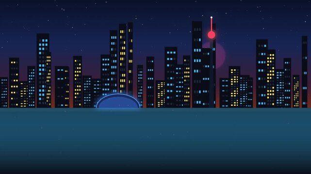 Abstract Neon City Skyline at Twilight with Glowing Windows and Horizon Line, Minimalist Vector Illustration for Modern Urban Backgrounds