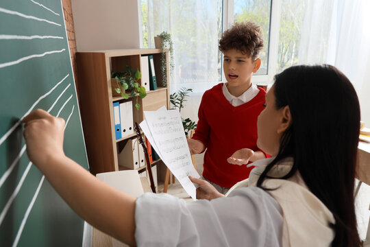 Music education and private tutoring, teacher drawing staff lines on chalkboard for student during a piano lesson in a home classroom setting