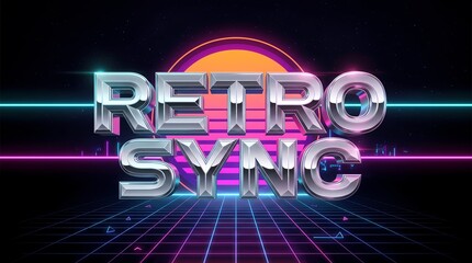 Naklejka premium Futuristic Retro Synthwave Background with Metallic Text and Neon Sunset Grid