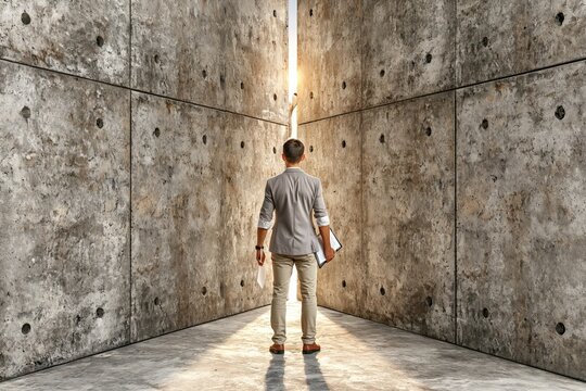 Businessman facing concrete wall opening light business growth concept