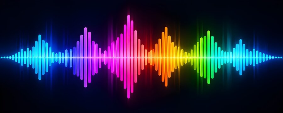 Colorful Neon Audio Waveform Equalizer on Dark Background &ndash; Music, Sound and Technology Concept. 