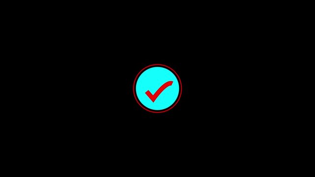 Red Check Mark Icon Animation inside Cyan Circle with Red Outer Ring, Motion Graphics Element for Success and Approval Concept, Isolated on Dark Background