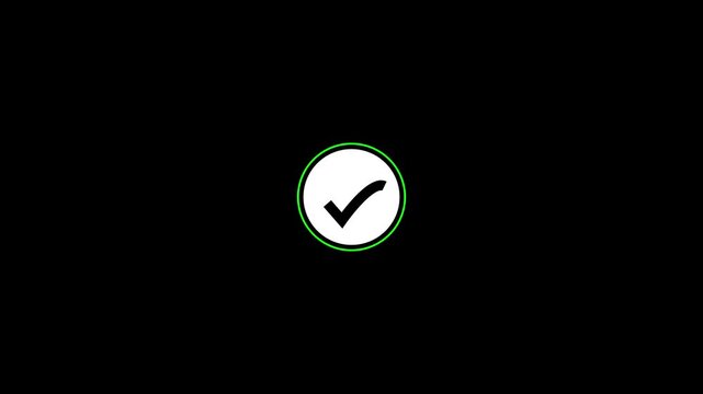 Animated check mark icon loop with glowing green border and black tick symbol for success verification concept on black background in 4K resolution.
