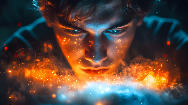 Close-up of a young man with intense blue eyes and glowing particles swirling around his face, illuminated by warm orange and cool blue light effects against a dark background.