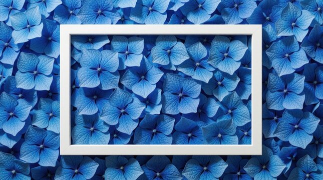 White empty frame placed on many blue hydrangea flower petals. Blank mockup with floral background for wedding invite spring greeting card. Minimalist aesthetic layout for copy space with summer