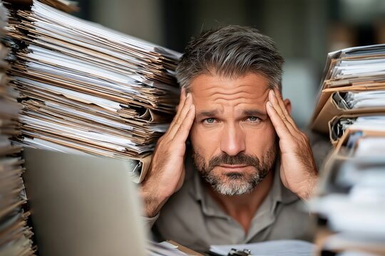 Stressed businessman overwhelmed by paperwork stacks in messy office