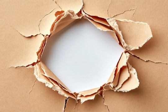 Torn cardboard hole with white paper background and ripped texture