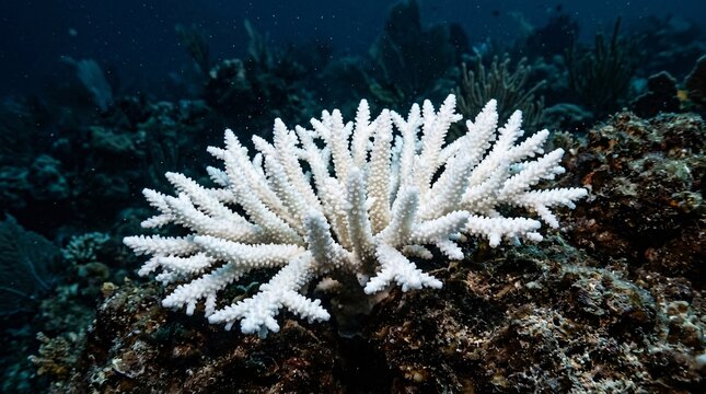 White staghorn coral with bumpy microscopic textures thrives on dark rocky substrate in deep water under cool moody blue light and bokeh.