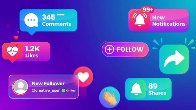 Dynamic Social Media Engagement Motion Graphics Animation with Floating Like Icons Comment Bubbles and Trending Now Call to Action Banners on Vibrant Colorful Gradient Background