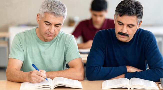 Two men studying together at a table in a classroom setting during the day while another person studies in the background