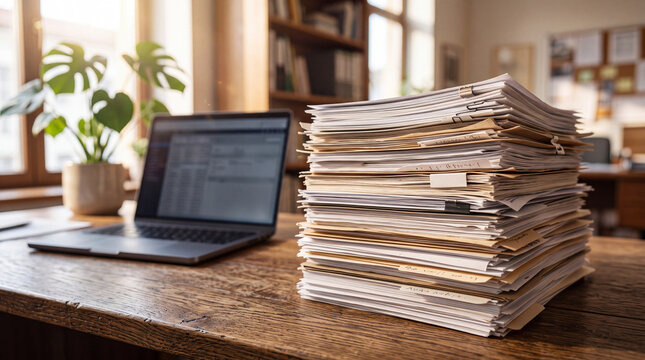 Desk with stacked papers and a laptop in a workspace during daylight