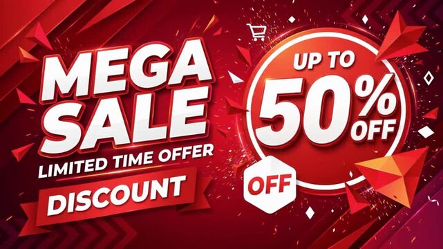 Mega Sale Up to 50 Percent Off Limited Time Offer and Shop Now Motion Graphics Promotion Banner on Vibrant Red Geometric Abstract Background