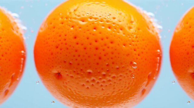 Slow motion close up tracking shot of oranges rising with bubbles in water tank against blue studio background