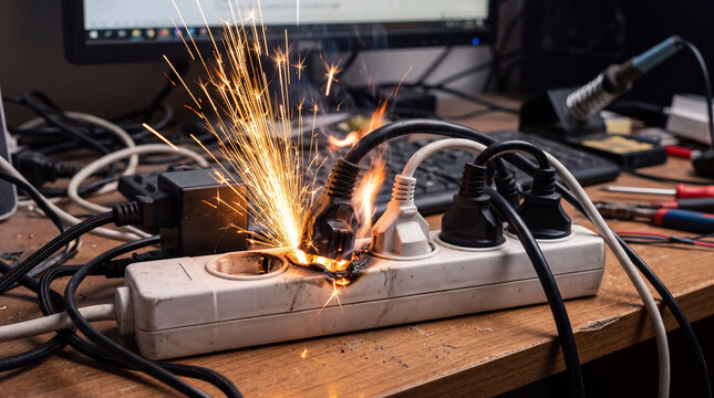 Electrical outlet sparking in a workspace during a daytime activity