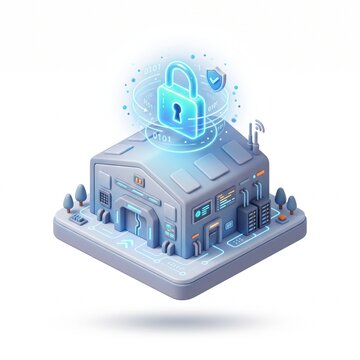 Isometric cyber security warehouse, digital data protection building concept, 3d futuristic lock tech illustration