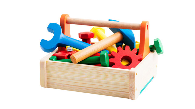Isolated brightly colored wooden toy toolkit with various tools for educational games
