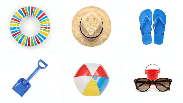 A view of summer beach vacation accessories including a colorful swim ring, straw hat, blue flip flops, red bucket, shovel, ball, and glasses