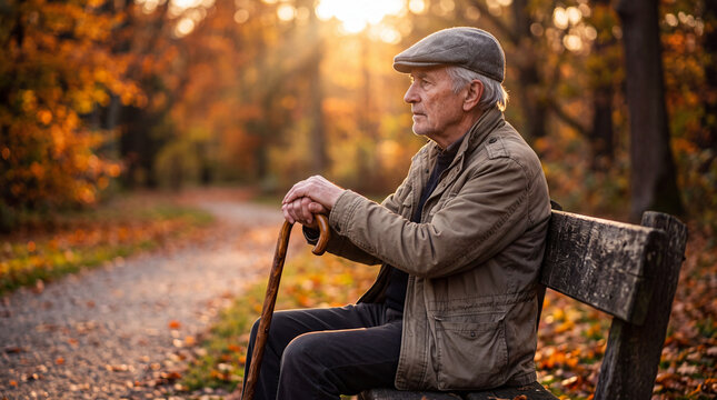 Elderly man sits on a bench in a park during autumn, reflecting on his life journey as the sun sets