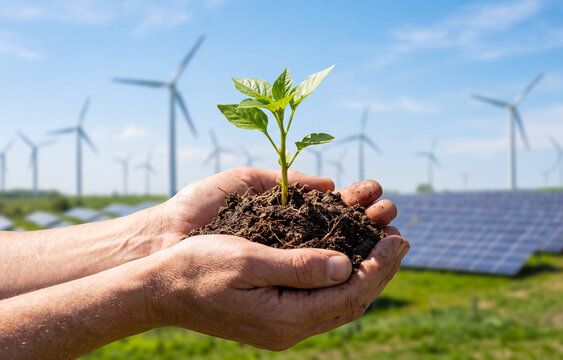 The concept of renewable energy and sustainability, showing a young plant held in the palms of hands, with wind turbines and photovoltaic panels in the background. Green Energy Paradigm