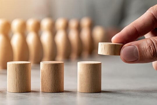 Wooden figures and blocks team building business strategy concept
