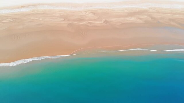 Aerial slow motion tracking pan of ocean waves lapping along sandy shoreline on coastal seascape