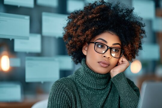 Thoughtful black woman with glasses working in creative office studio