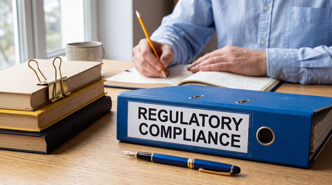 Person writing notes next to a folder labeled regulatory compliance and books on a wooden table