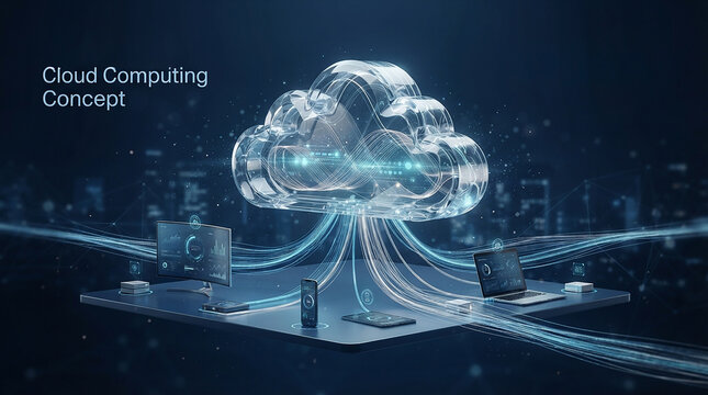A cloud security concept, showing how a central digital cloud securely connects and transfers data across multiple devices. Secure cloud data streaming and global network connection