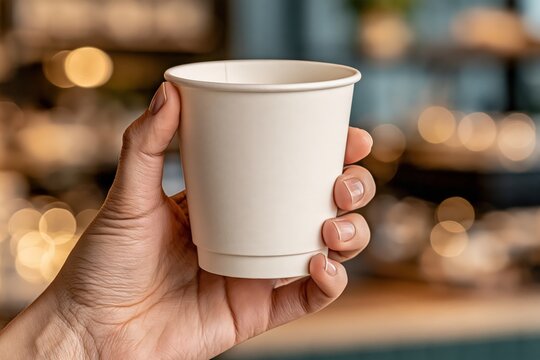Paper coffee cup mockup in hand with warm cafe bokeh background