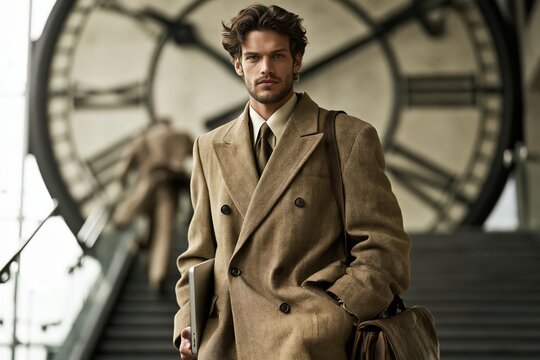 Stylish businessman in tweed coat standing in front of large clock