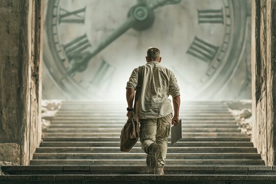 Man walking up stairs toward giant clock conceptual time management