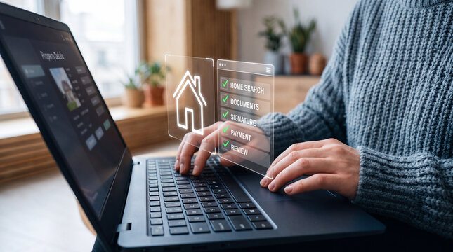 Using a laptop to complete tasks related to home search and payment processes indoors