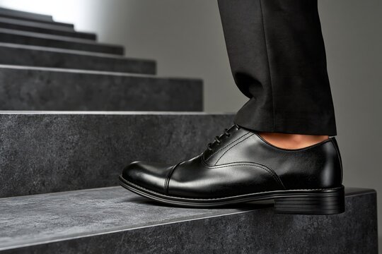 Businessman walking up stairs in stylish black leather dress shoes