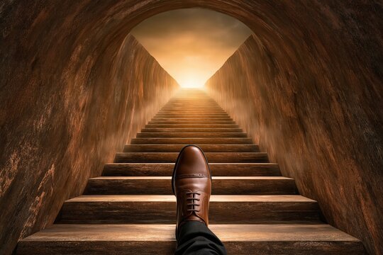 Person walking up stairs toward bright light tunnel success metaphor