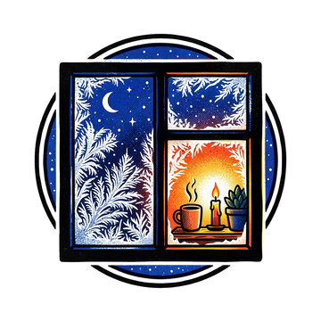 Frosted Winter Window with Warm Light Illustration
