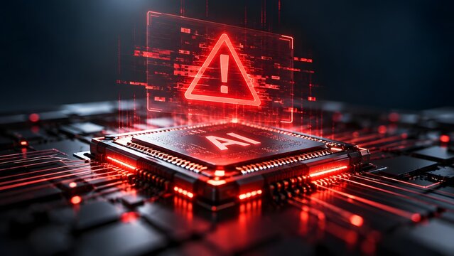 Artificial Intelligence Microchip Processor Displaying Red Holographic Warning Sign Highlighting AI Security Threat And System Error
