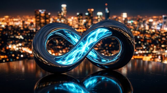 Polished chrome infinity loop sculpture with a glowing blue energy core rests on a dark reflective surface before warm bokeh city lights.