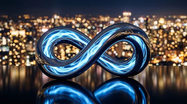 Polished chrome infinity loop sculpture with a glowing blue energy core rests on a dark reflective surface before warm bokeh city lights.