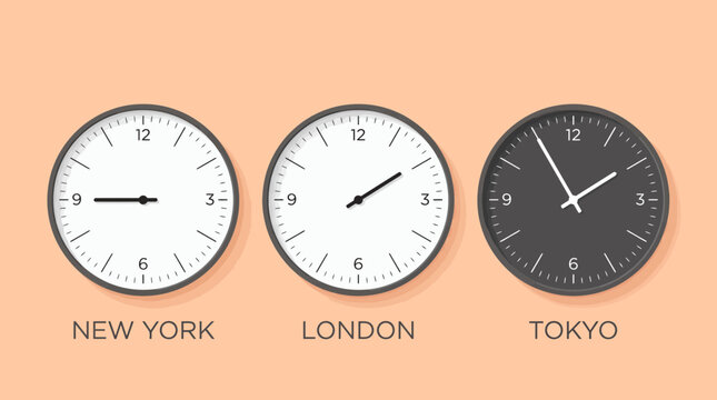 Three wall clocks display world time zones. Analog faces show different hours. Labels indicate New York London Tokyo locations. Minimalist graphic on peach. Global business time management concept.