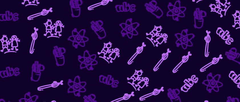 Seamless loop animation featuring a pattern of cute school-related icons like ABC letters, atom symbols, cacti, and paintbrushes with a vibrant purple neon glow effect on a dark background.