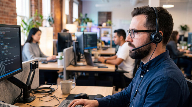 Employee working at a desk with a headset and computer in a modern office setting