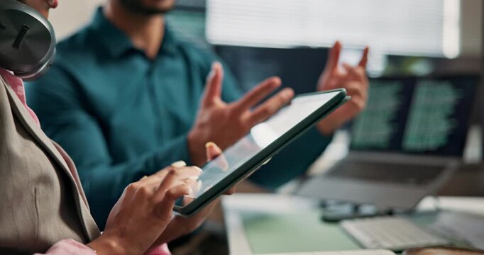 Hands, tablet and training for coding in office, programming internship and explain process with team. Typing, notes and programmer person with mentor, learn problem solving logic and developer tools