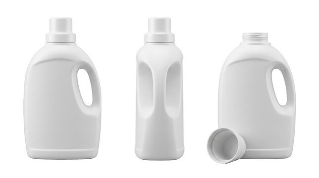 White plastic laundry detergent bottle with measuring cap mockup shown from angles isolated on white background for household chemical packaging