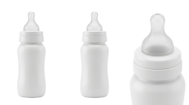 Blank white plastic baby feeding bottle mockup shown from different angles isolated on white background for infant care product presentation