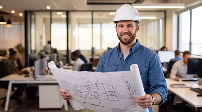 Construction worker holds blueprints in a busy office setting with colleagues working at desks in the background