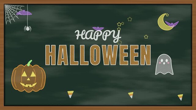 Happy Halloween seamless loop chalkboard doodle chalk drawing pumpkin ghost bats school style board with moon spider web and candy corn for classroom decorations and kids party invitations