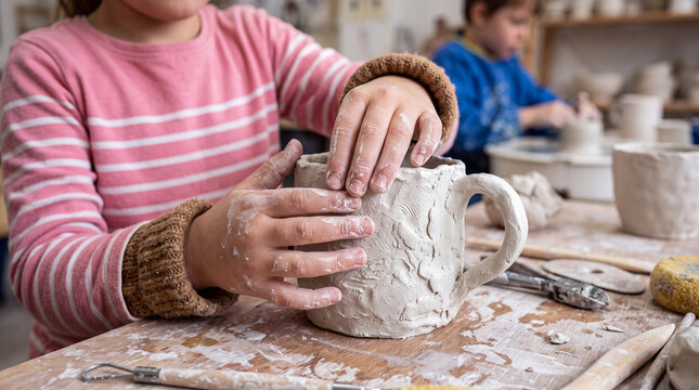Children make clay pottery in an art studio during a crafting session
