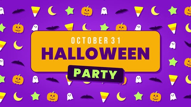 Halloween party seamless loop October flat pattern pumpkins candy corn bats ghosts purple invitation banner with moons and stars around an orange title card for event flyers and social posts